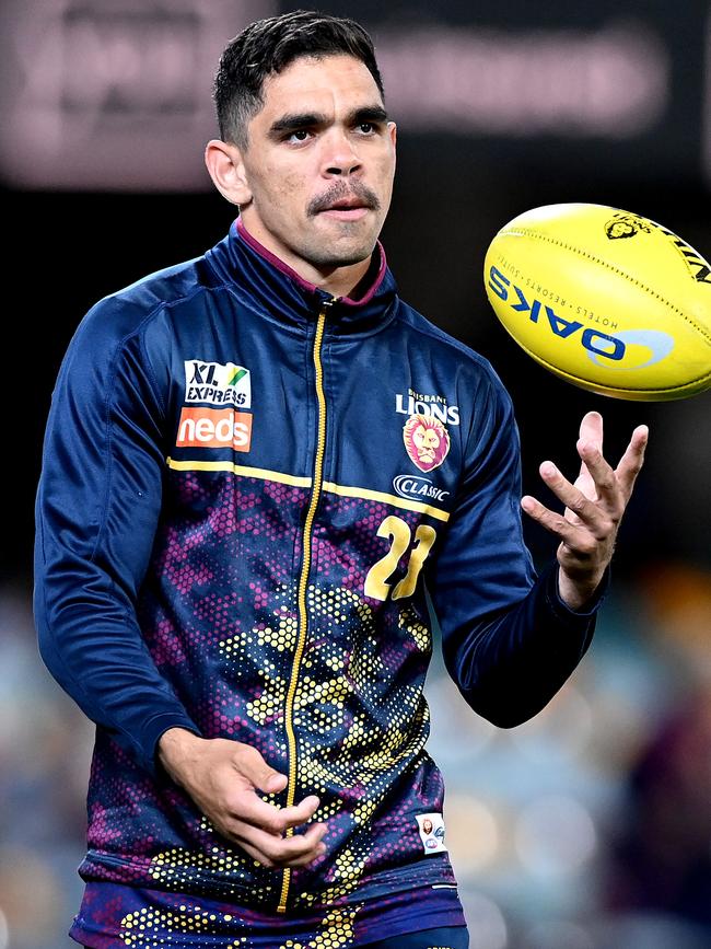 BRISBANE, AUSTRALIA – SEPTEMBER 04: Charlie Cameron of the Lions during the warm ups before the round 15 AFL match between the Brisbane Lions and the Collingwood Magpies at The Gabba on September 04, 2020 in Brisbane, Australia. (Photo by Bradley Kanaris/Getty Images)