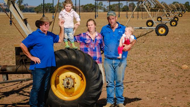 Chris Brooks, left, with his daughter Carly Marriott, her husband Tom and their children Kate and Jemima on the family property. Picture: Simon Dallinger