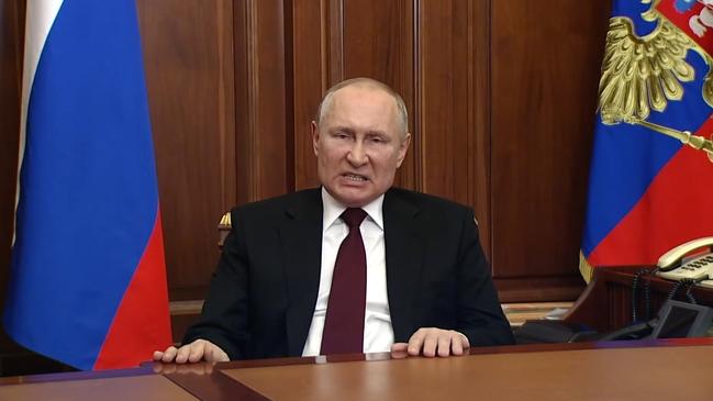 Russia President Vladimir Putin addresses the nation from the Kremlin. Picture: Supplied