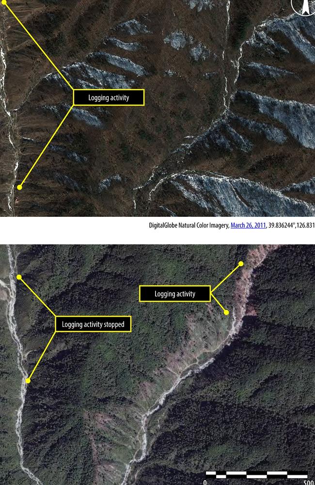 The images show logging is widely visible in the camp, with ongoing logging activities over a two-year period. Picture: Amnesty International 