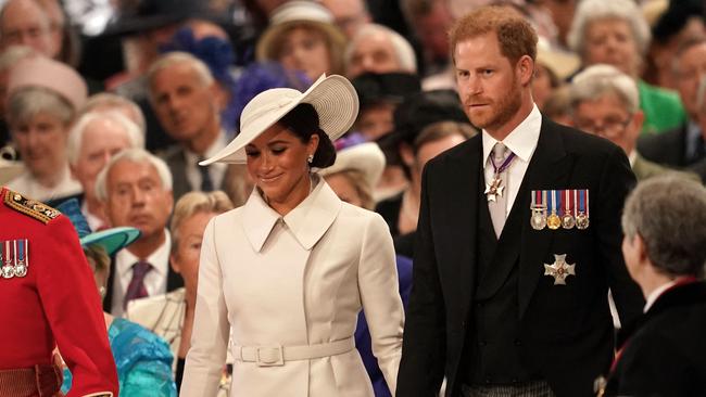 Meghan and Harry at the National Service of Thanksgiving for The Queen's reign at Saint Paul's Cathedral in London on June 3, 2022. Picture: Aaron Chown/AFP