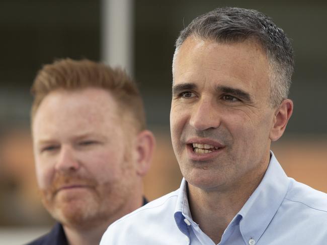 Labor candidate Alex Dighton with Premier Peter Malinauskas on election day at Woodend Primary School, Sheidow Park  16th November 2024 Picture: Brett Hartwig