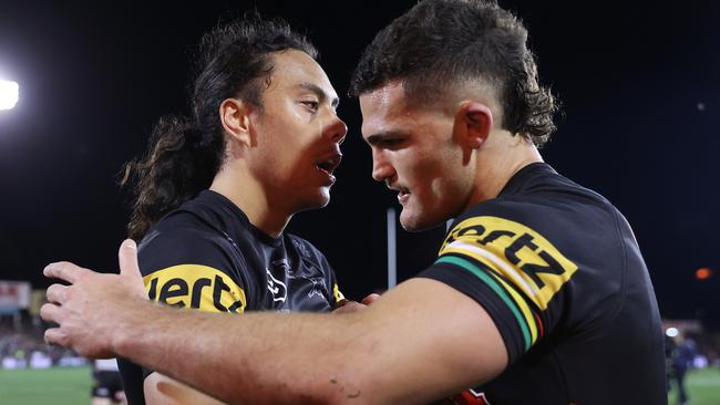 Jarome Luai and Nathan Cleary are close mates but that doesn’t stop them from keeping each other accountable on the field. Picture: Mark Kolbe/Getty Images