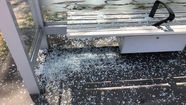 A bus shelter on the Mornington Peninsula which has been smashed. A number of the shelters have been damaged. Picture: Supplied