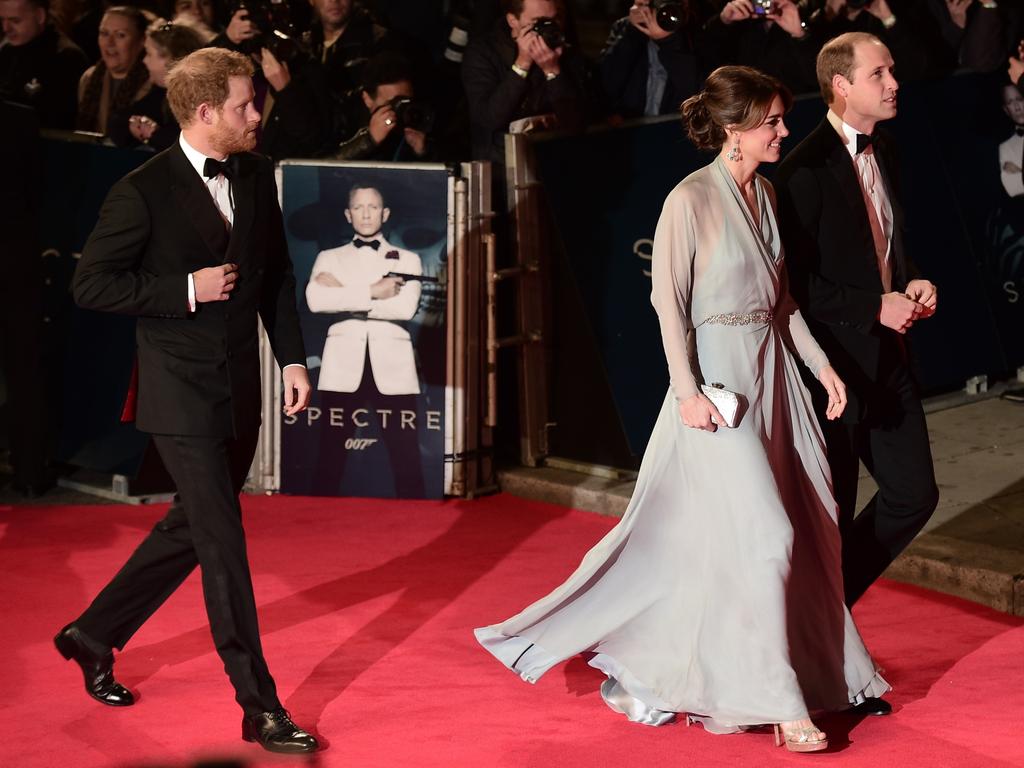 Prince William, Duke of Cambridge, Prince Harry and Catherine, Duchess of Cambridge attend the Royal Film Performance of “Spectre”at Royal Albert Hall on October 26, 2015 in London. Picture: AFP