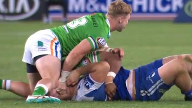 Hudson Young is facing a long ban for an alleged eye gouge on Aiden Tolman. Source: Fox Sports