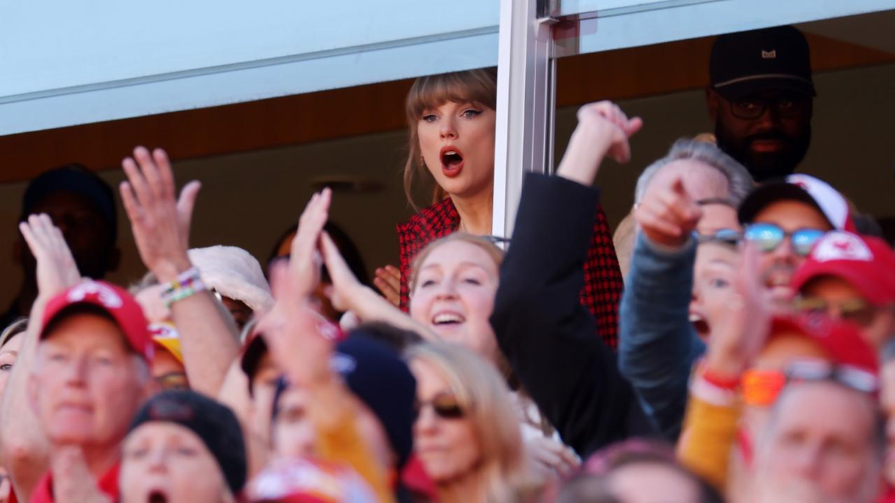 Taylor Swift reacts while watching Travis Kelce play. Picture: Getty Images