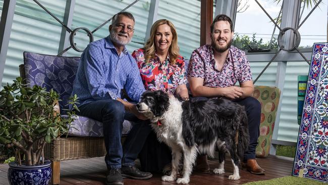 Jenny Woodward at home with husband Doug and son Alex, who is producing her show Weathering Well which is on next year. Picture: Mark Cranitch.