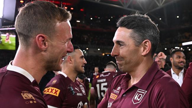 BRISBANE, AUSTRALIA - JULY 13: Billy Slater head coach of the Maroons and Daly Cherry-Evans of the Maroons celebrate victory during game three of the State of Origin Series between the Queensland Maroons and the New South Wales Blues at Suncorp Stadium on July 13, 2022 in Brisbane, Australia. (Photo by Bradley Kanaris/Getty Images)