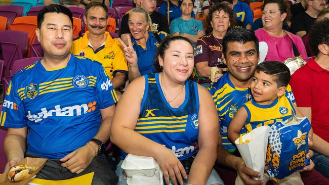 Chris Vouthivong, Lina Rojas, and VB with Carmen and John Zamattia sitting behind at the 2023 NRL match at TIO Stadium. Picture: Pema Tamang Pakhrin