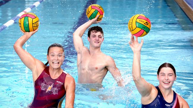 Bridget Leeson-Smith, Chelsea Johnson and Isaac Kyle-Little excited about the new broadcast deal between News Corp and Water Polo Australia. Photo Steve Pohlner