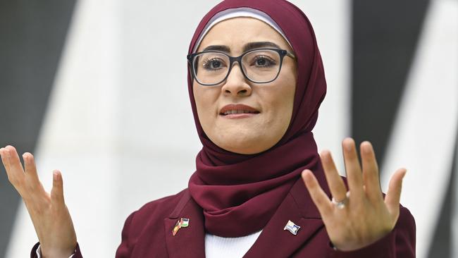 CANBERRA, Australia - NewsWire Photos - October 9, 2024: Senator Fatima Payman holds a press conference at Parliament House in Canberra. Picture: NewsWire / Martin Ollman