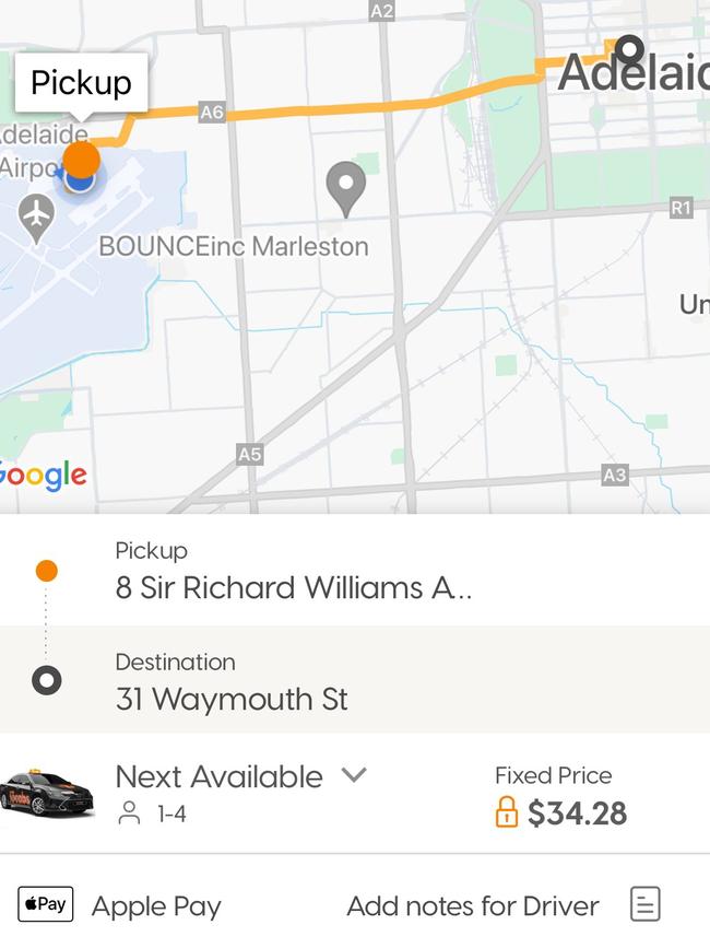 Cost of a taxi fare from Adelaide Airport to The Advertiser at 8.30am on 26 August, 2024. Picture: Tara Miko