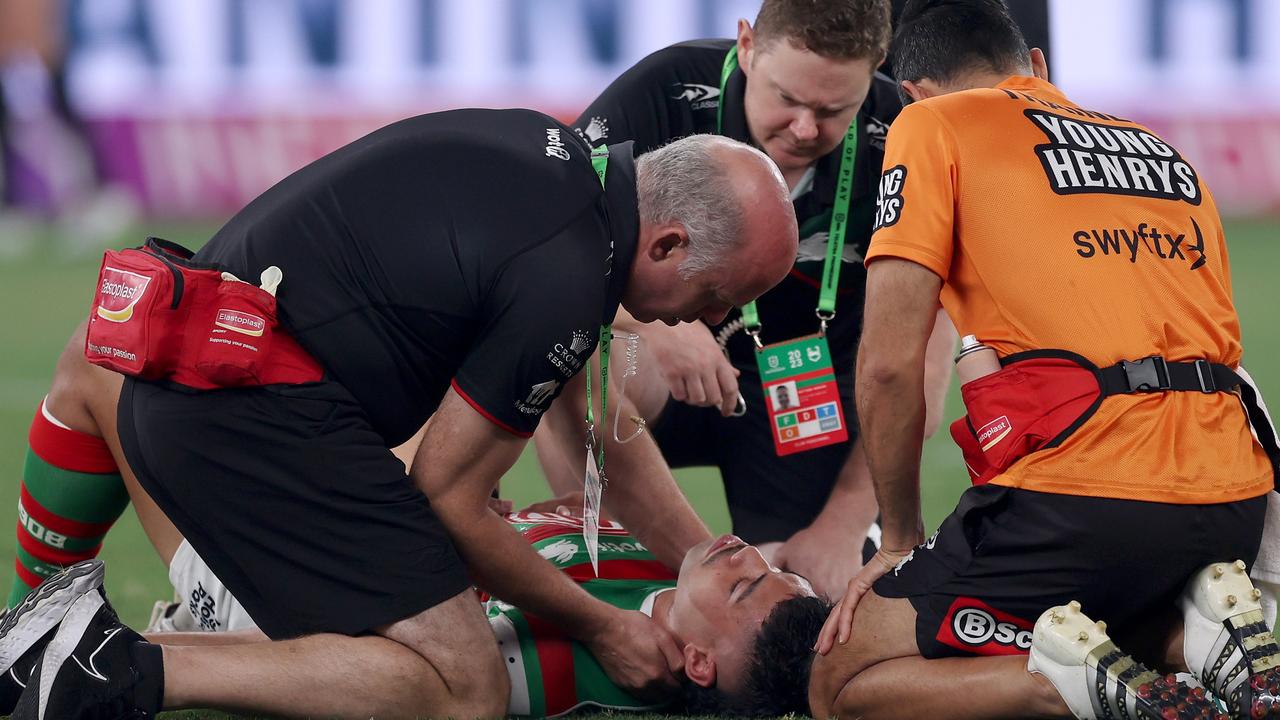 Hame Sele was knocked out in the opening minute of South Sydney’s clash with the Roosters. Picture: Getty Images