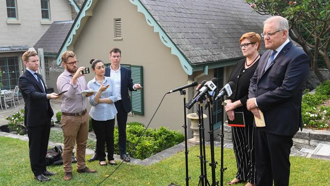 Scott Morrison and Marise Payne addressing media at Kirribilli House. Picture: Getty Images.