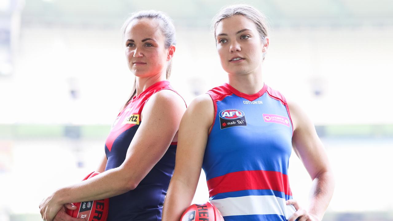 MELBOURNE, AUSTRALIA - DECEMBER 02: Melbourne Captain Daisy Pearce (Left) and Western Bulldogs Captain Ellie Blackburn (right) during the AFL Womens media opportunity at Marvel Stadium on December 02, 2021 in Melbourne, Australia. (Photo by Asanka Ratnayake/Getty Images)