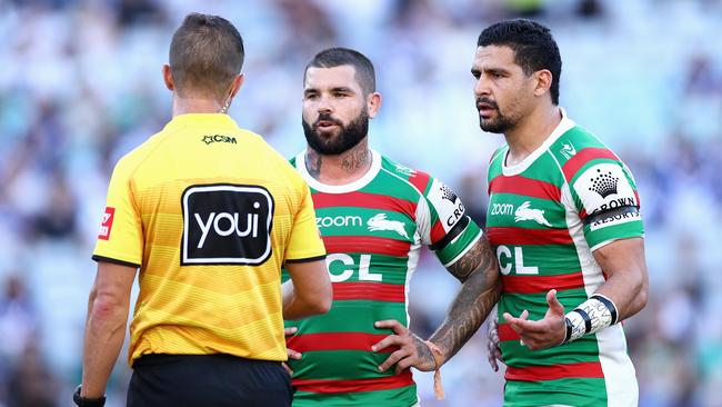 Adam Reynolds and Cody Walker talk to the referee during the match. Picture: Cameron Spencer/Getty Images