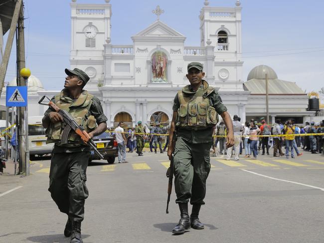 Sri Lankan Army soldiers secure the area around St. Anthony's Shrine after a blast in Colombo, Sri Lanka. Picture: AP