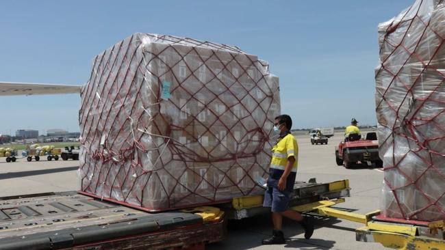 A delivery of the 1.2 million Rapid Antigen Tests (RATs) procured by the NSW Government, arriving at Sydney Airport. Picture: Supplied.