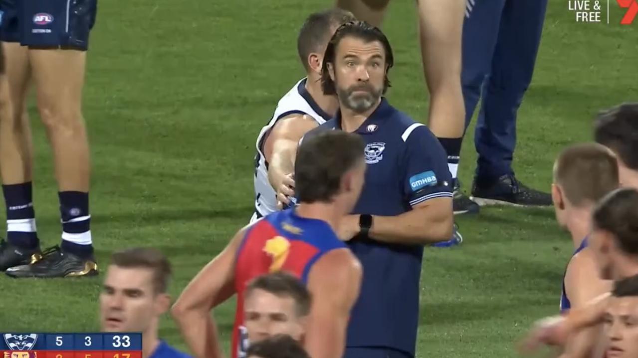 Scott becomes involved in a verbal exchange with Brisbane players at quarter time. Picture: Courtesy of Channel 7