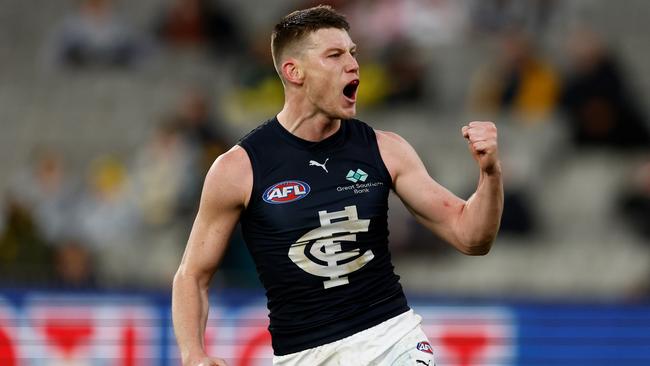 MELBOURNE, AUSTRALIA - JUNE 30: Sam Walsh of the Blues celebrates a goal during the 2024 AFL Round 16 match between the Richmond Tigers and the Carlton Blues at The Melbourne Cricket Ground on June 30, 2024 in Melbourne, Australia. (Photo by Michael Willson/AFL Photos via Getty Images)