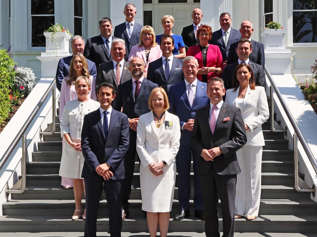 Queensland Premier David Crisafulli with his new ministers and Governor General Jeanette Young after being sworn in. Picture: Tertius Pickard