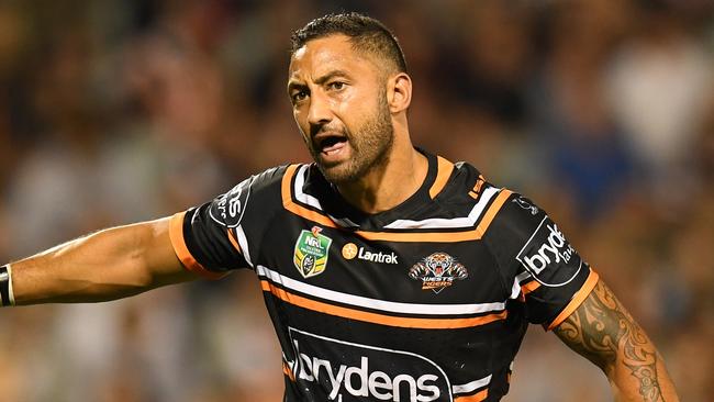 Benji Marshall of the Tigers reacts during the Round 3 NRL match between the Wests Tigers and the Brisbane Broncos at Campbelltown Stadium in Sydney, Friday, March 23, 2018. (AAP Image/Dean Lewins) NO ARCHIVING, EDITORIAL USE ONLY