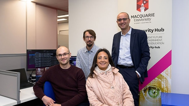 Macquarie University’s team behind the new AI chatbot Michal Kepkowski, Ian Wood, Nardine Basta and Dali Kaafar.