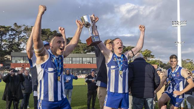 MPNFL Division 2 Grand Final: Langwarrin v Karingal. Langwarrin players celebrate their win. Picture: Valeriu Campan