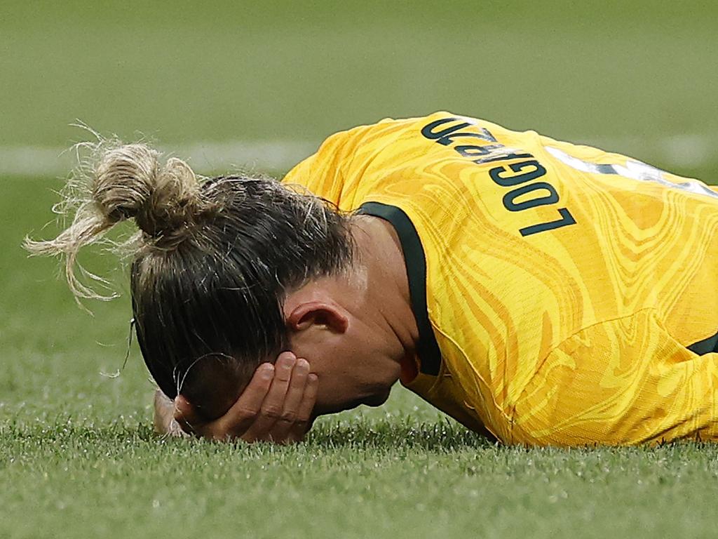 MELBOURNE, AUSTRALIA - DECEMBER 04: Chloe Logarzo of Australia reacts after a head clash with Chan Pi-Han of Chinese Taipei during the International Friendly match between Australia Matildas and Chinese Taipei at AAMI Park on December 04, 2024 in Melbourne, Australia. (Photo by Daniel Pockett/Getty Images)