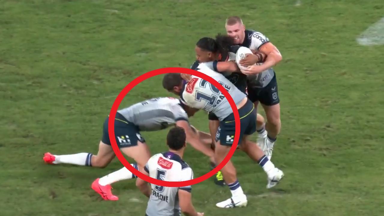 Commentators were up in arms over this tackle from the Tigers v Storm match. Picture: FOX League