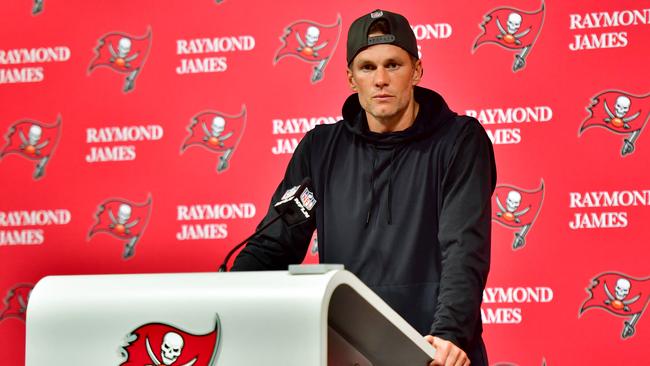 TAMPA, FLORIDA - JANUARY 16: Tom Brady #12 of the Tampa Bay Buccaneers speaks to the media after losing to the Dallas Cowboys 31-14 in the NFC Wild Card playoff game at Raymond James Stadium on January 16, 2023 in Tampa, Florida. Julio Aguilar/Getty Images/AFP (Photo by Julio Aguilar / GETTY IMAGES NORTH AMERICA / Getty Images via AFP)