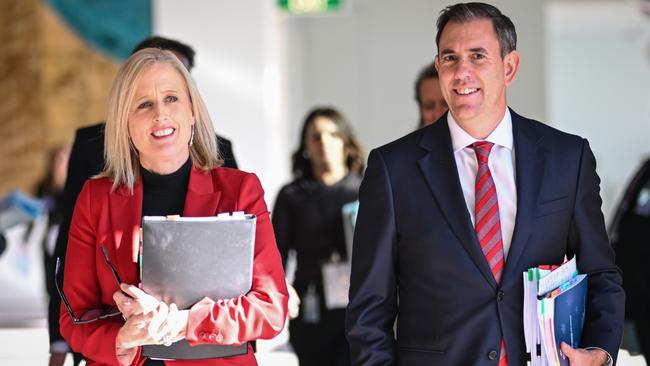 Finance Minister Katy Gallagher and Treasurer Jim Chalmers present the budget. Picture: Tracey Nearmy/Getty Images