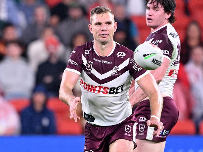 Tom Trbojevic of the Sea Eagles passes the ball during the round ten NRL match between the Dolphins and the Manly Sea Eagles at Kayo Stadium, on May 09, 2024, in Brisbane, Australia. Picture: Bradley Kanaris/Getty Images