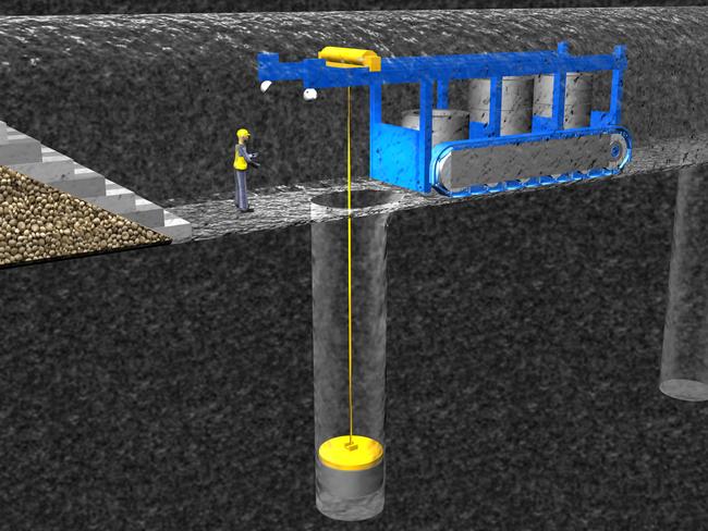 <span channel="Web,Tablet">Preparing a hole in the tunnel network with bentonite clay before inserting a copper-clad metal canister containing used nuclear fuel. Picture: POSIVA OY </span>