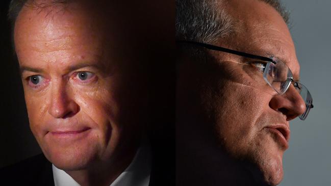 A comparison diptych generated on Monday, May 6, 2019, of  Australian Opposition Leader Bill Shorten is seen at the launch of Labor's federal election campaign at the Brisbane Convention and Exhibition Centre in Brisbane, Sunday, May 5, 2019. A Federal election will be held in Australian on Saturday May 18, 2019 (AAP Image/Darren England) NO ARCHIVING ***** Prime Minister Scott Morrison at a press conference in Windaroo, 40km south of Brisbane, Saturday, May 4, 2019. (AAP Image/Mick Tsikas) NO ARCHIVING