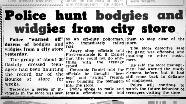 A 1956 news article about Bodgies and Widgies banned from a retail store in Bourke St. Picture: Trove