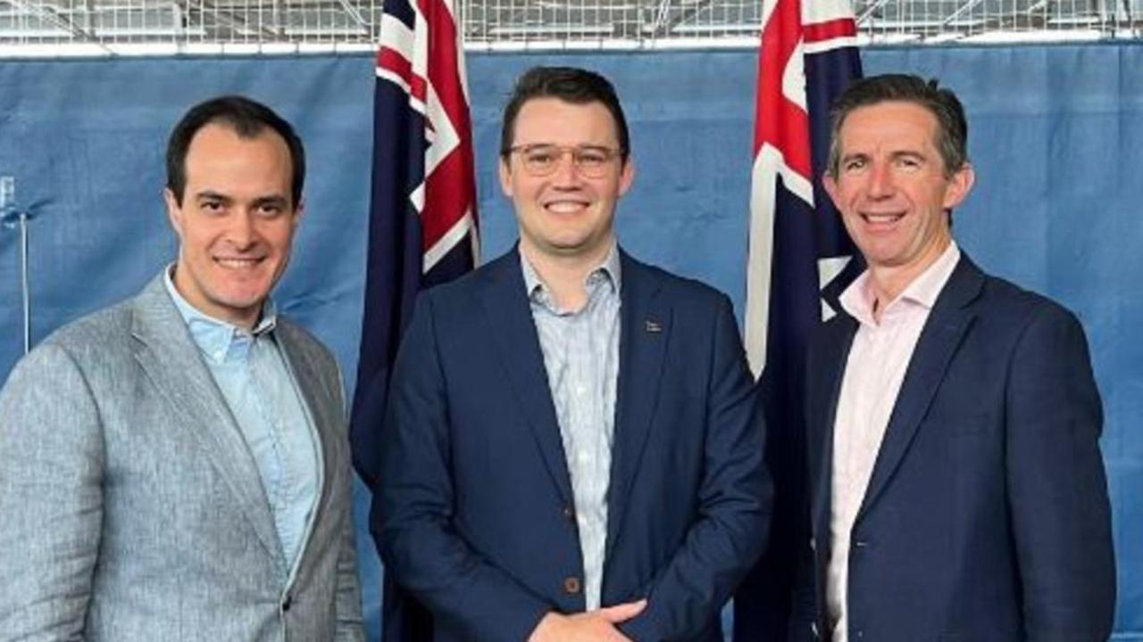 Liberal state opposition leader Vincent Tarzia, (Left) Liberal candidate for Grey Tom Venning and former federal Liberal Foreign Affairs spokesperson Simon Birmingham. Picture: X