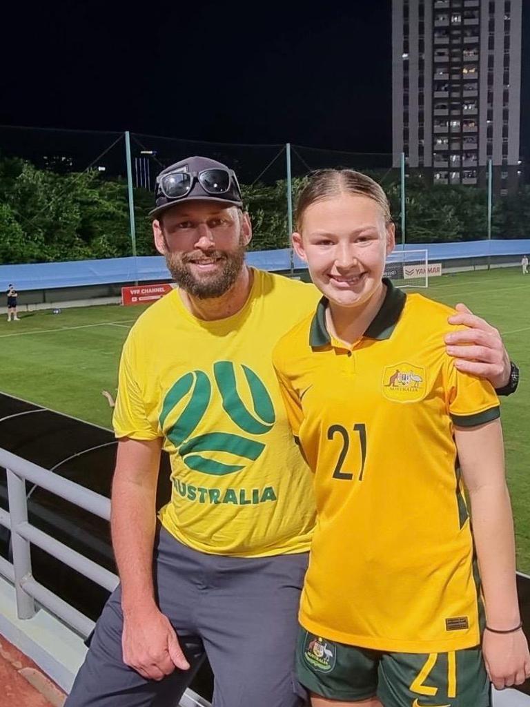 Central Coast Mariners 16-year-old rising star Tiana Fuller with her dad Jason - who was her first coach as a junior. Photo: supplied