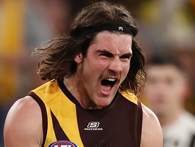 MELBOURNE, AUSTRALIA - August 5 , 2023. AFL .        Jai Newcombe of the Hawks celebrates a 4th quarter goal during the round 21 match between the Hawthorn and Collingwood at Marvel Stadium in Melbourne.   Photo by Michael Klein.