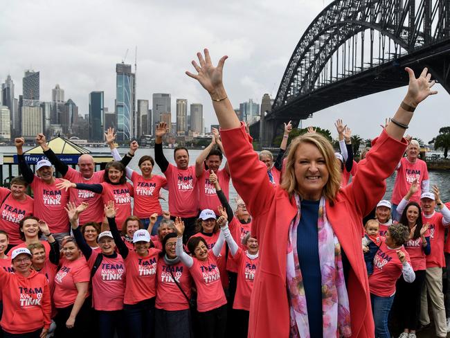 MP for North Sydney, Kylea Tink, poses for a photograph with her supporters at Jeffrey Street Wharf in Sydney. Picture: Bianca De Marchi