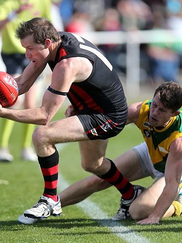 Gippsland Football League Grand Final match between Maffra Eagles and Leongatha Parrots. Maffra became the 2016 premiers, defeating Leongatha 13.10 (88) to 9. 16 (67). Michael Coleman is tackled by Brenton Fitzgerald. Picture: Yuri Kouzmin