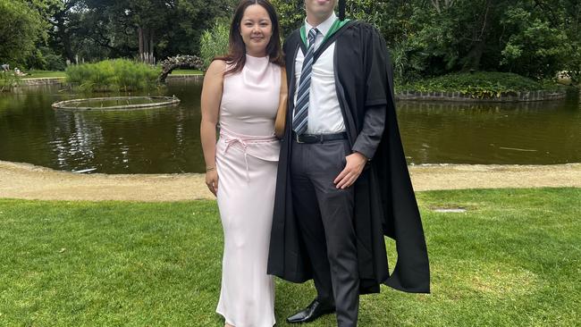 Dr Emma Pham (Doctor of Dental Surgery) and Max Burrows (Master of Instructional Leadership) at the University of Melbourne graduations held at the Royal Exhibition Building on Saturday, December 14, 2024. Picture: Jack Colantuono