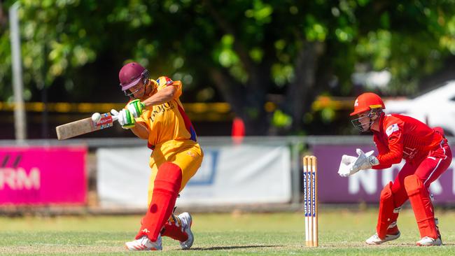 Hugo Burdon puts bat to ball for six runs. Picture: Che Chorley