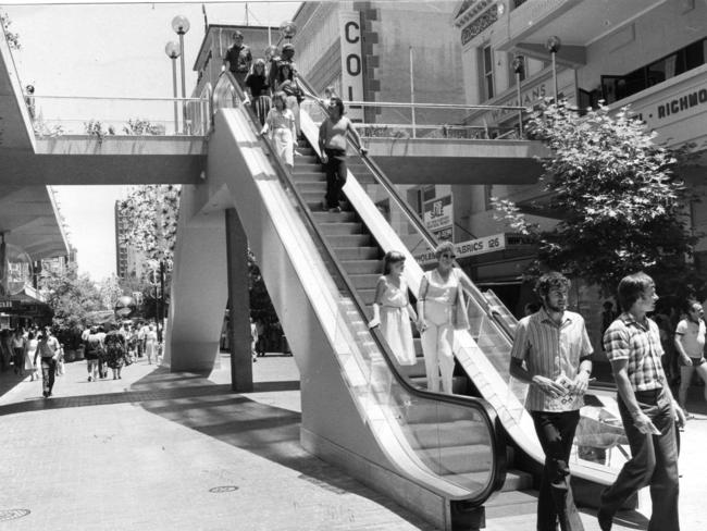 The now-demolished Rundle Mall escalators and pedestrian walkway, as pictured in 1982.