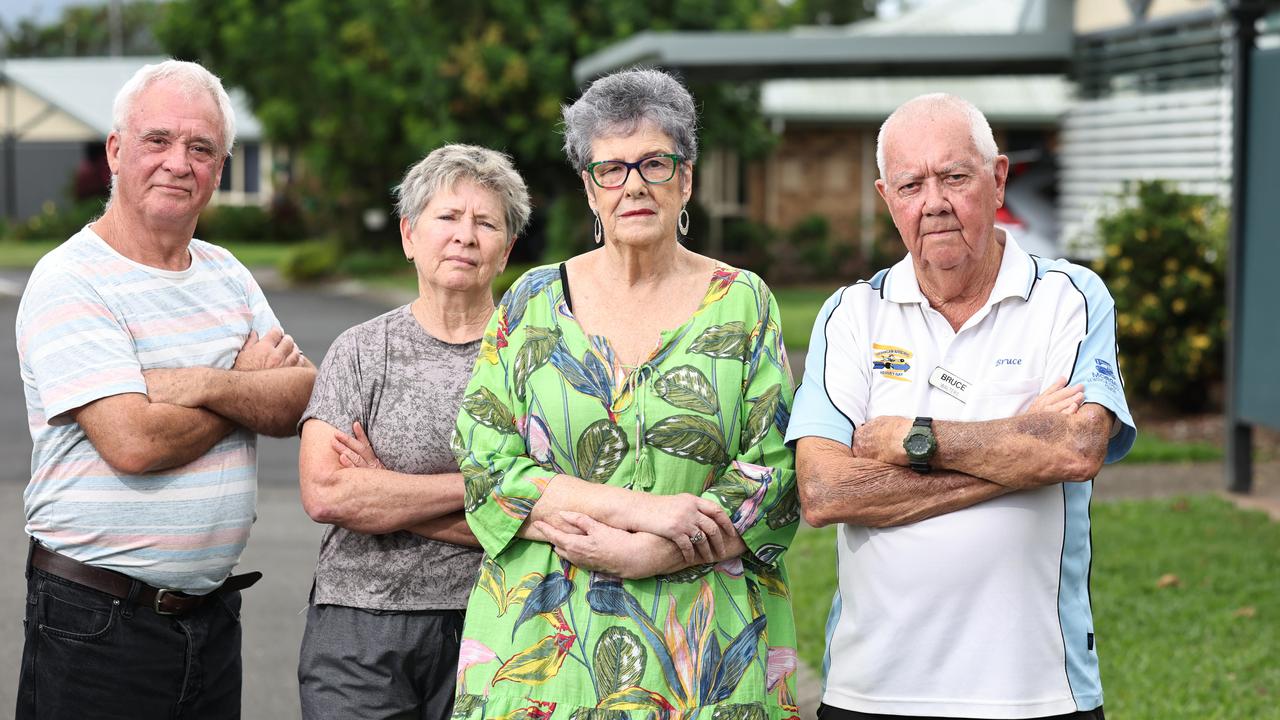 Cairns Regional Council has proposed a change of classification of general rates to retirement villages. Retirement village residents Kevin McRae and Colleen Duplock from Aveo The Parks, Kay Nyland from Mercy Health Coral Sea Gardens and Bruce Walters from Regis Whitfield are concerned about the impact the rate rise would have on residents. Picture: Brendan Radke