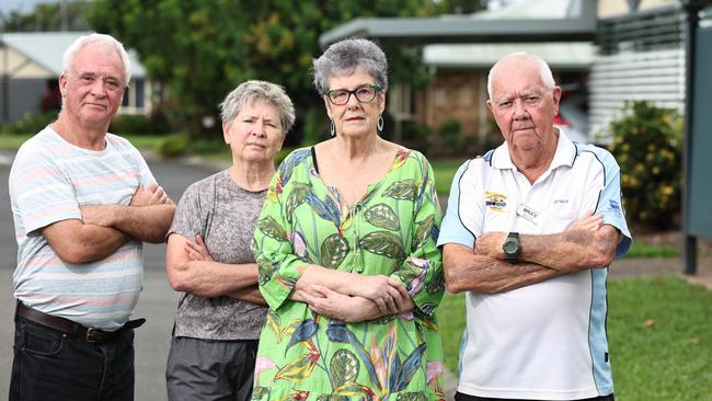 Cairns Regional Council has proposed a change of classification of general rates to retirement villages. Retirement village residents Kevin McRae and Colleen Duplock from Aveo The Parks, Kay Nyland from Mercy Health Coral Sea Gardens and Bruce Walters from Regis Whitfield are concerned about the impact the rate rise would have on residents. Picture: Brendan Radke