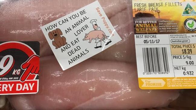 This sticker was plastered on Coles chicken breast fillets. Picture: Facebook