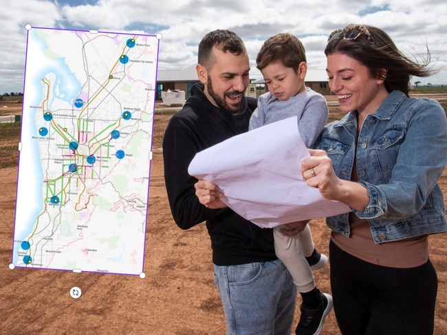 Maps from the Greater Adelaide Regional Plan: The blue dots are areas of major urban infill run by the state government, while the green dots signify large greenfields development sites for new housing.