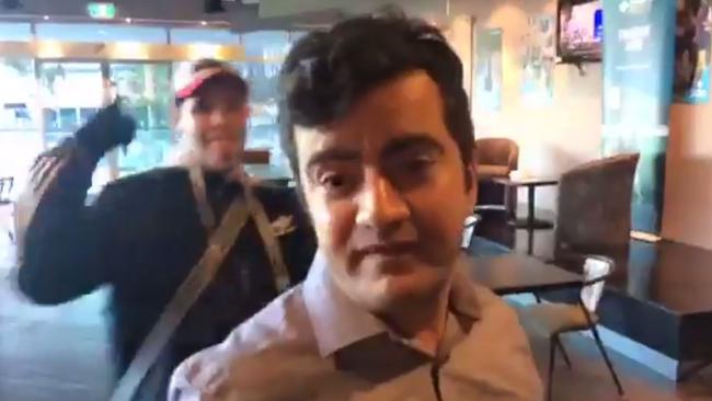 Sam Dastyari is ambushed by members of right wing group Patriot Blue who recorded the event and posted it online.